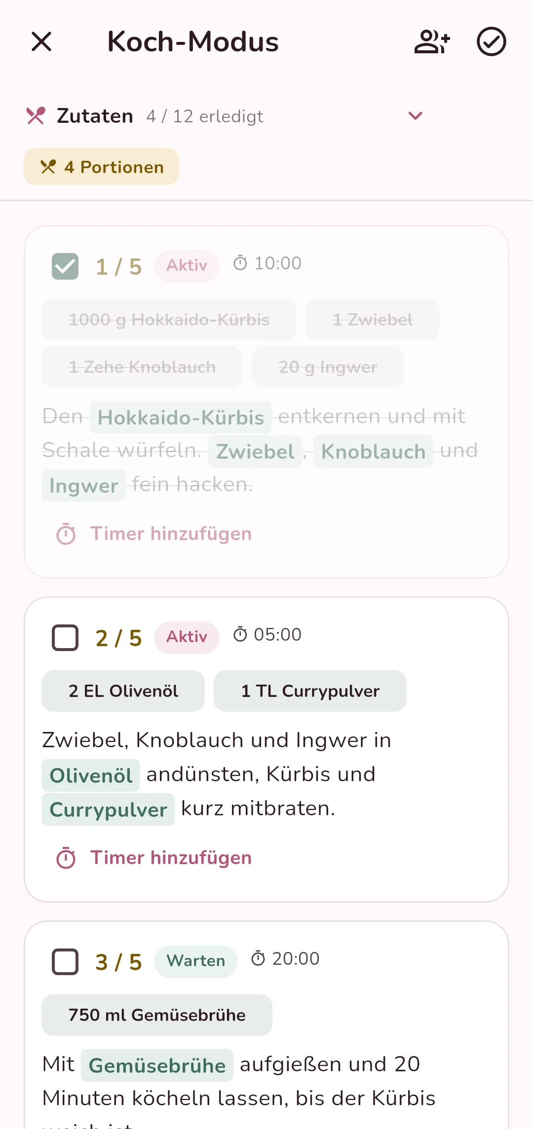 Happi Happi: Koch-Modus, Schritt für Schritt