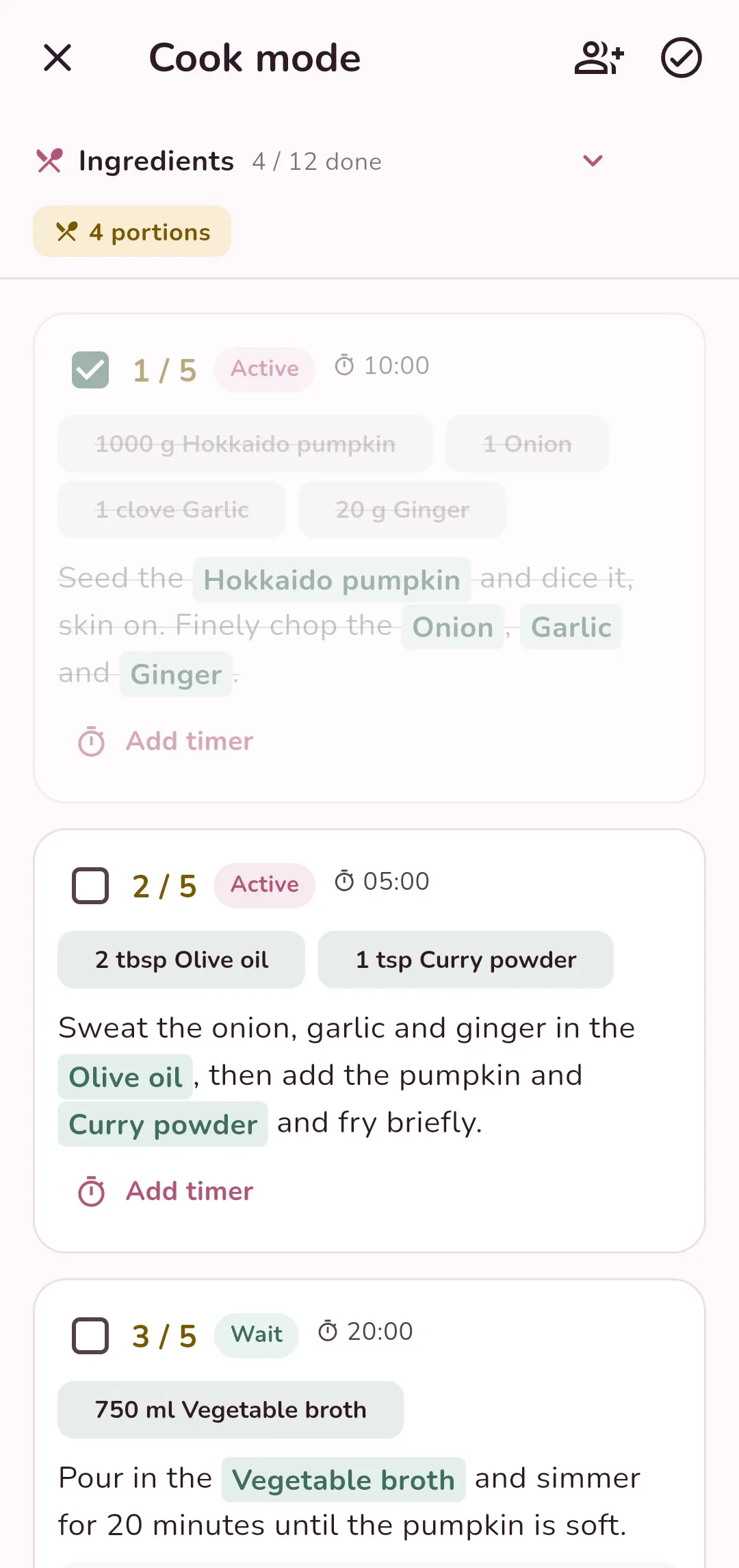Happi Happi: Cooking mode, step by step