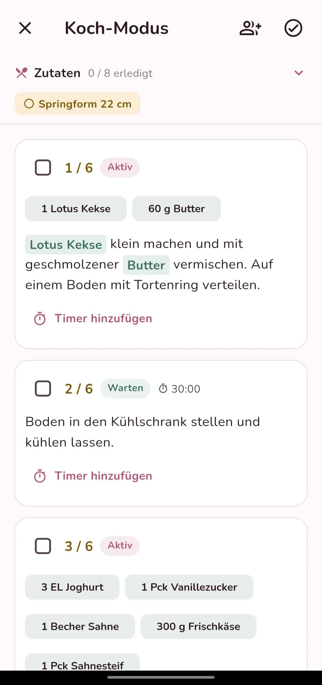 Happi Happi: Koch-Modus, Schritt für Schritt